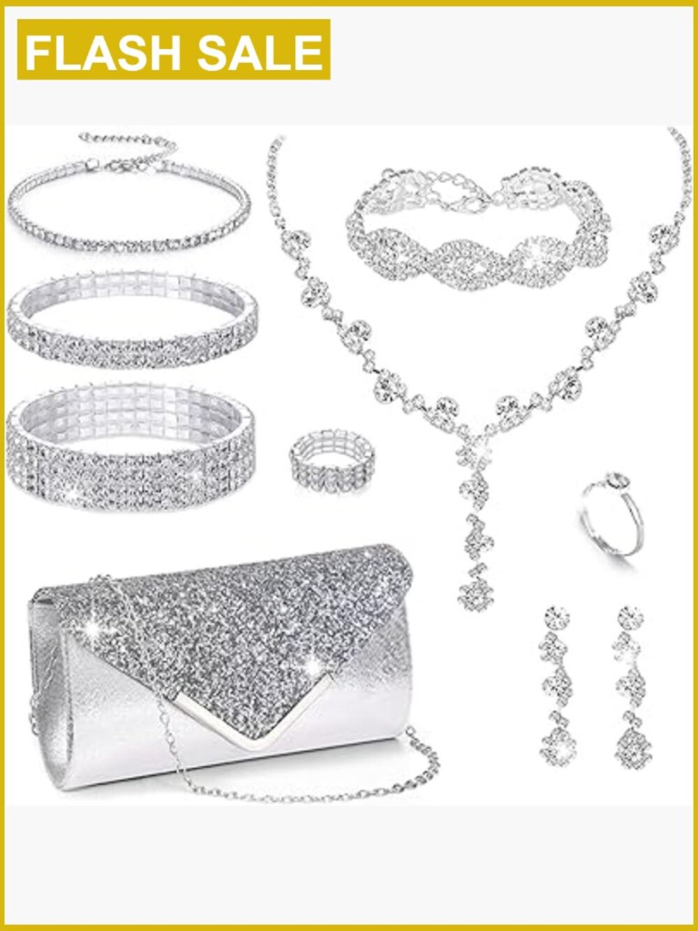 10-Piece Rhinestone Jewelry Set with Clutch Purse